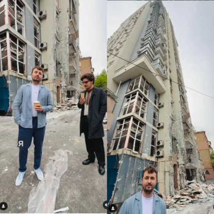 Женя Янович на фоне поврежденного дома. Фото: instagram.com/yanovychzhenya